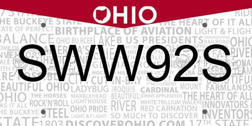 SWW92S Ohio License Plate