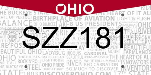 SZZ181 Ohio License Plate