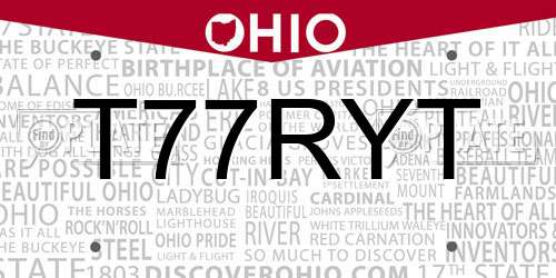 T77RYT Ohio License Plate