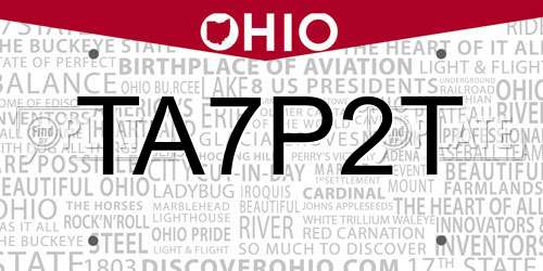 TA7P2T Ohio License Plate