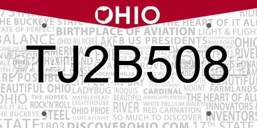 TJ2B508 Ohio License Plate