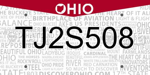 TJ2S508 Ohio License Plate