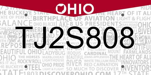 TJ2S808 Ohio License Plate