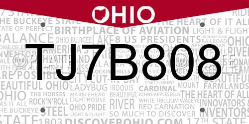 TJ7B808 Ohio License Plate