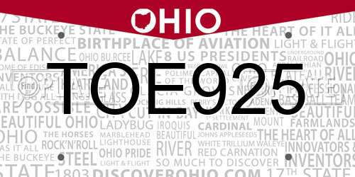 TOE925 Ohio License Plate