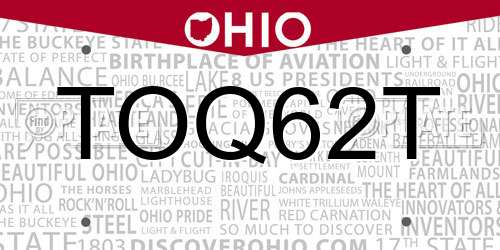TOQ62T Ohio License Plate