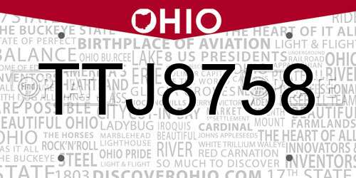 TTJ8758 Ohio License Plate