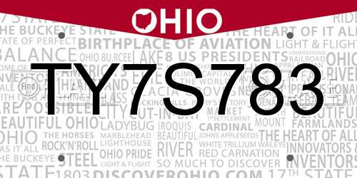TY7S783 Ohio License Plate