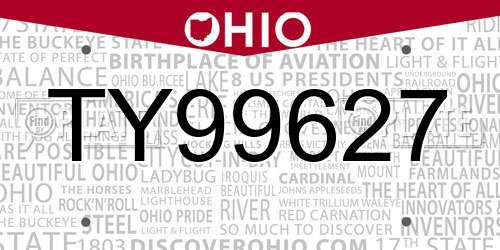 TY99627 Ohio License Plate
