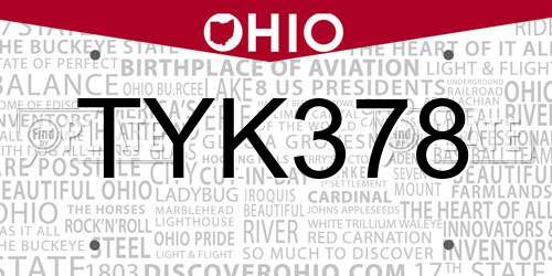 TYK378 Ohio License Plate