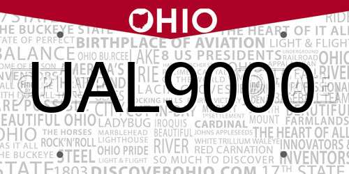 UAL9000 Ohio License Plate