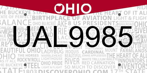 UAL9985 Ohio License Plate