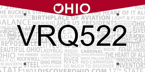 VRQ522 Ohio License Plate