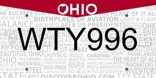 WTY996 Ohio License Plate