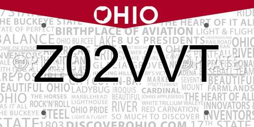 Z02VVT Ohio License Plate