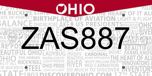 ZAS887 Ohio License Plate