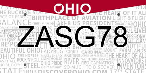 ZASG78 Ohio License Plate
