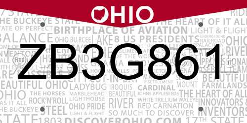 ZB3G861 Ohio License Plate
