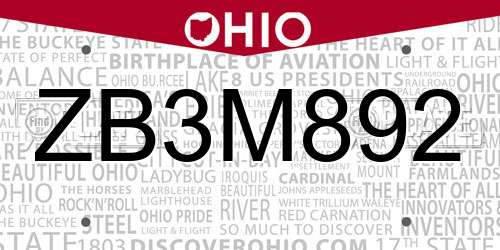 ZB3M892 Ohio License Plate