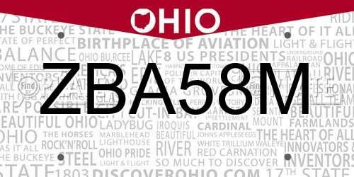 ZBA58M Ohio License Plate