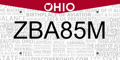 ZBA85M Ohio License Plate