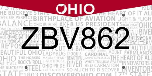 ZBV862 Ohio License Plate