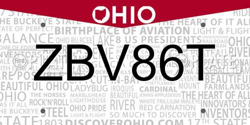 ZBV86T Ohio License Plate