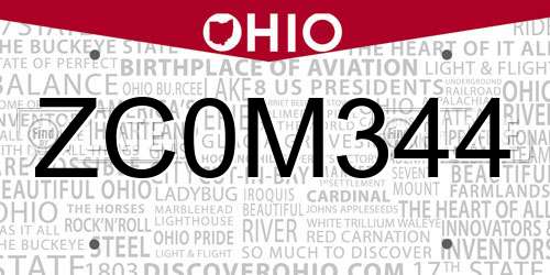 ZC0M344 Ohio License Plate