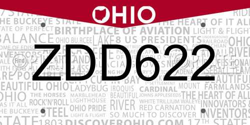 ZDD622 Ohio License Plate