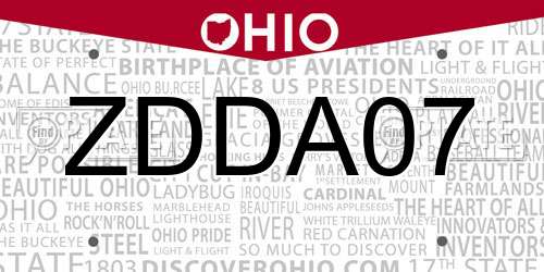 ZDDA07 Ohio License Plate