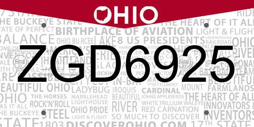 ZGD6925 Ohio License Plate