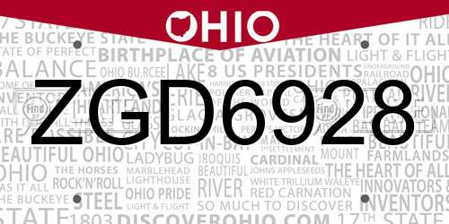 ZGD6928 Ohio License Plate