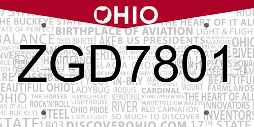 ZGD7801 Ohio License Plate
