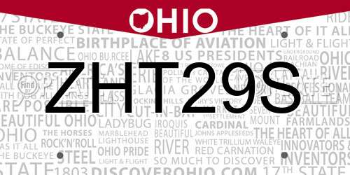ZHT29S Ohio License Plate
