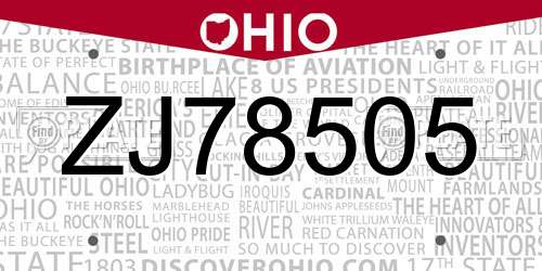 ZJ78505 Ohio License Plate