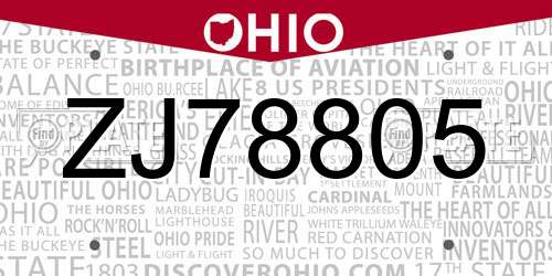 ZJ78805 Ohio License Plate