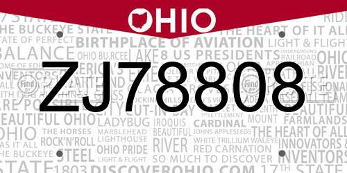 ZJ78808 Ohio License Plate