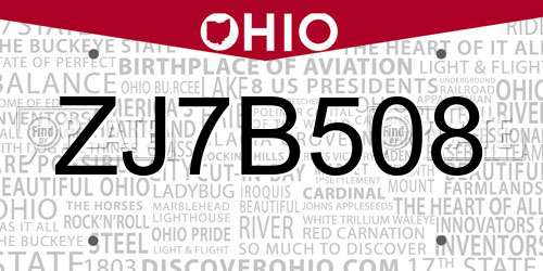 ZJ7B508 Ohio License Plate