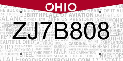 ZJ7B808 Ohio License Plate