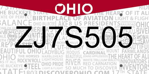 ZJ7S505 Ohio License Plate