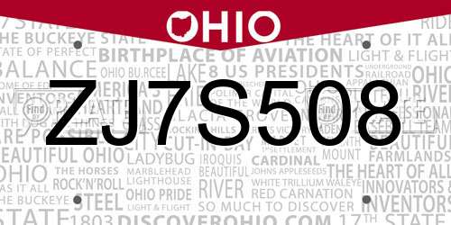 ZJ7S508 Ohio License Plate
