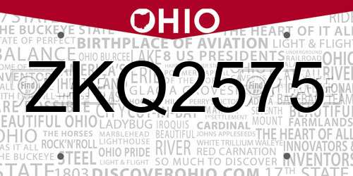 ZKQ2575 Ohio License Plate