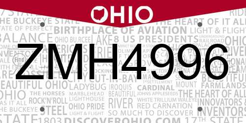 ZMH4996 Ohio License Plate