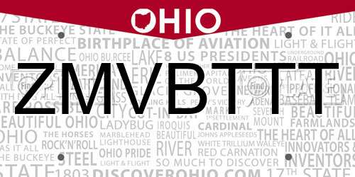 ZMVBTTT Ohio License Plate