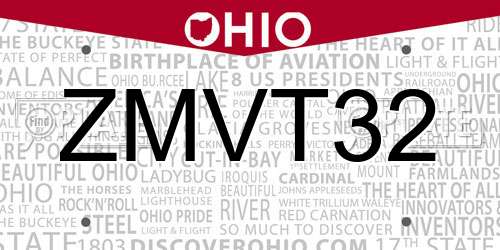 ZMVT32 Ohio License Plate