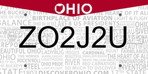 ZO2J2U Ohio License Plate