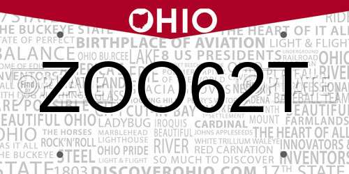 ZOO62T Ohio License Plate
