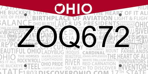 ZOQ672 Ohio License Plate