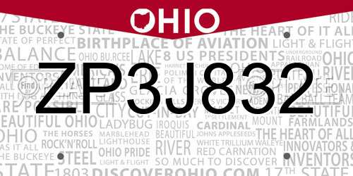 ZP3J832 Ohio License Plate