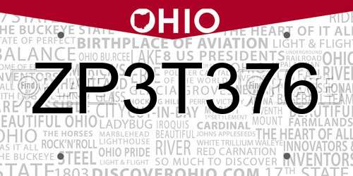 ZP3T376 Ohio License Plate